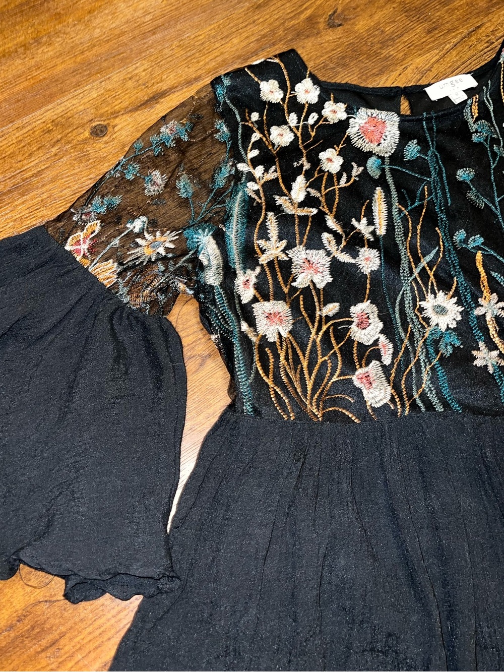 Embroidered Black Babydoll Dress Wide Flutter Sleeve Floral Sheer Fairy Size S - Picture 7 of 11